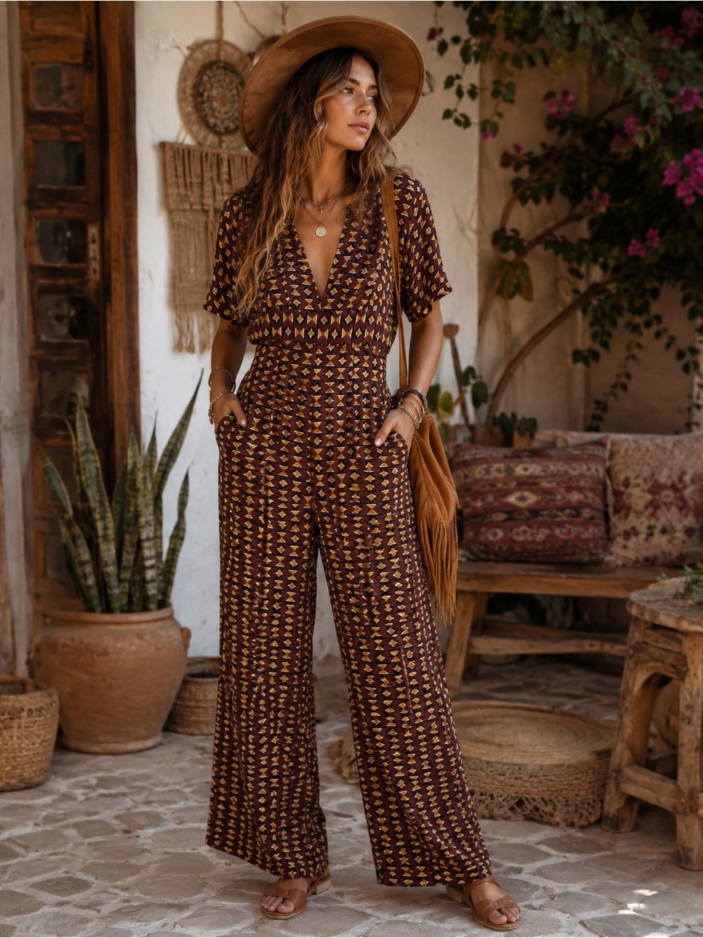 Forever 21 Brown Printed V-Neck Wide Leg Jumpsuit